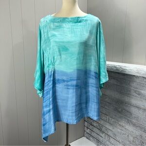 IC Collection Ombre Blue Aqua Flowing Asymmetrical Satin Tunic Top XL NWT
